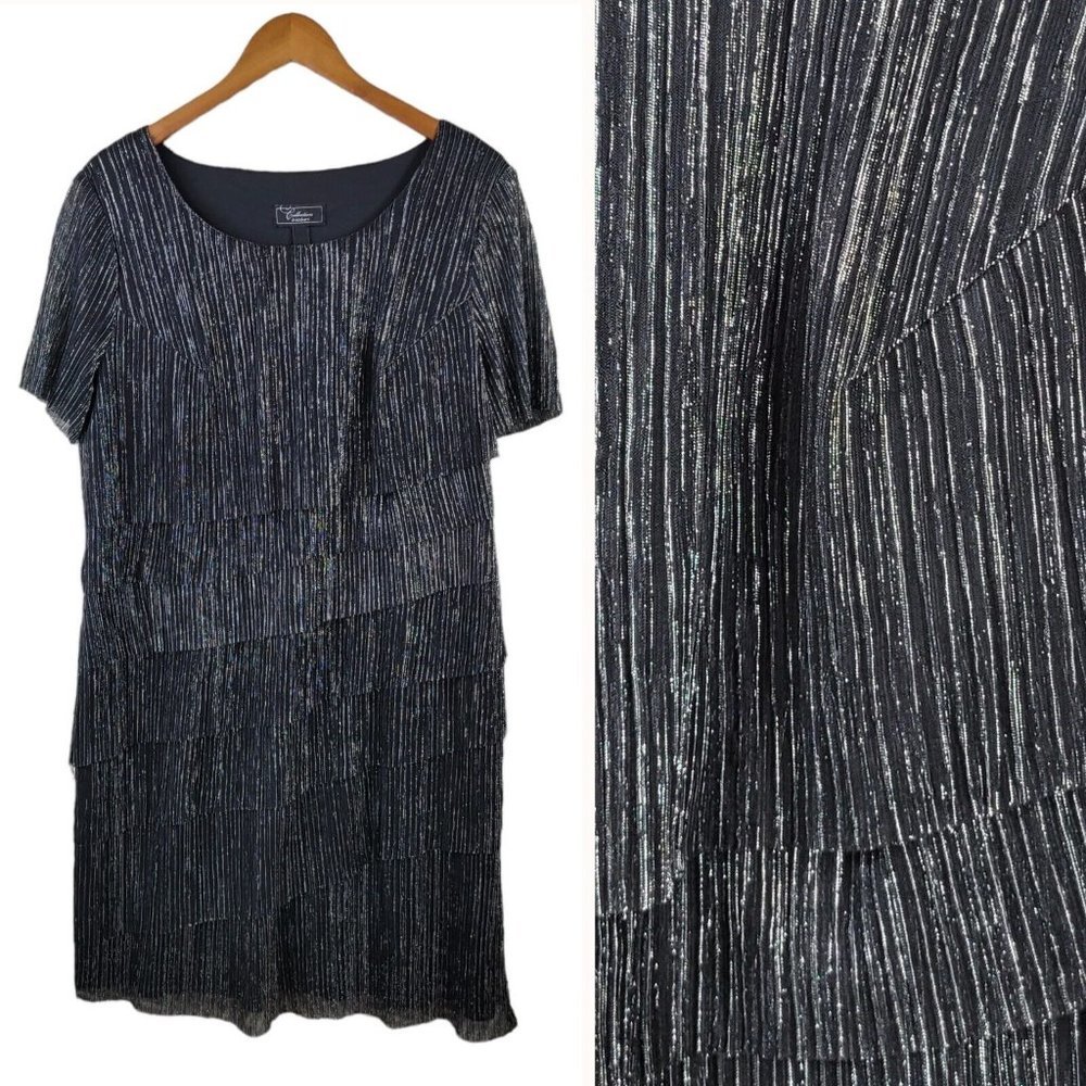 Dressbarn Evening Dress Size 16 Special Event Silver Black Ruffle Tiered classic